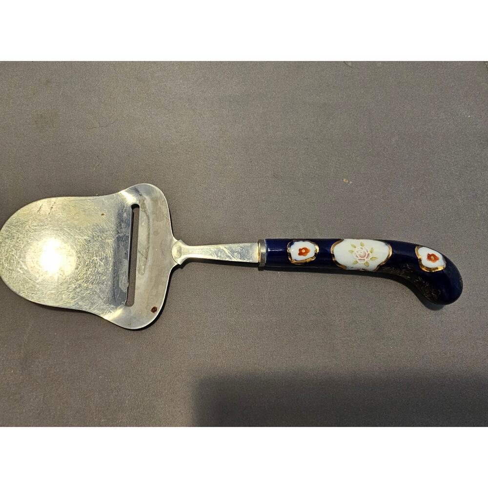 Vintage Stainless Steel Cheese Slicer/Server - Blue Porcelain Handle - Japan